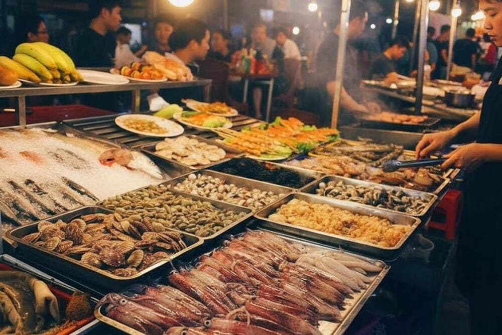 Chợ được ph&acirc;n th&agrave;nh 2 khu r&otilde; rệt gồm khu ẩm thực v&agrave; khu đồ lưu niệm, đặc sản.